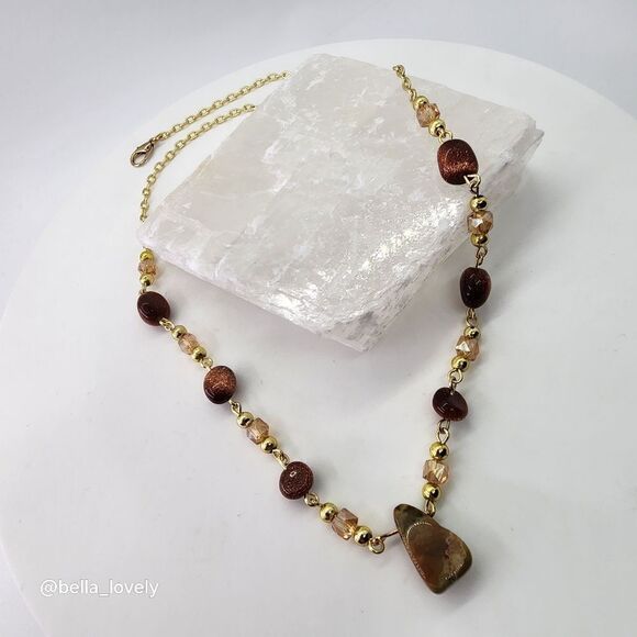 Sparkling Handmade Orange Green Ocean Jasper and Goldstone Necklace - Picture 3 of 10